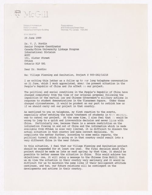 Letter of Vikram Bhatt to Dr V.J. Nordin of Canada-China University Linkage Program of the Association of Universities & Colleges in Canada (AUCC) about the Sichuan housing project in China