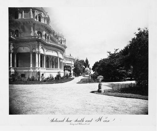 View of the exterior and grounds, Thurlow Lodge, Menlo Park, California