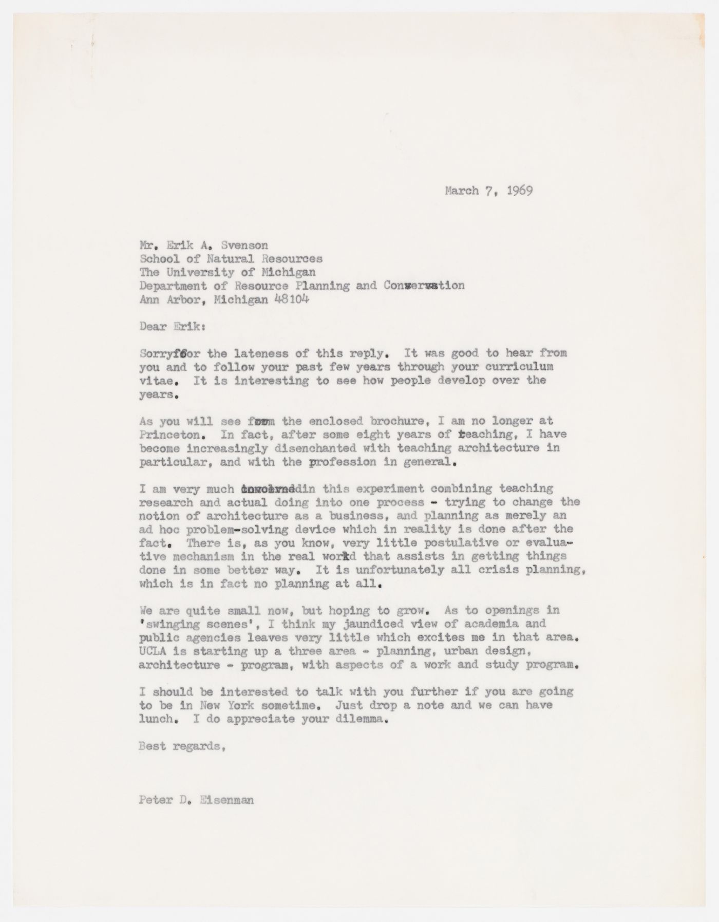 Letter from Peter Einsenman to Erik A. Svenson