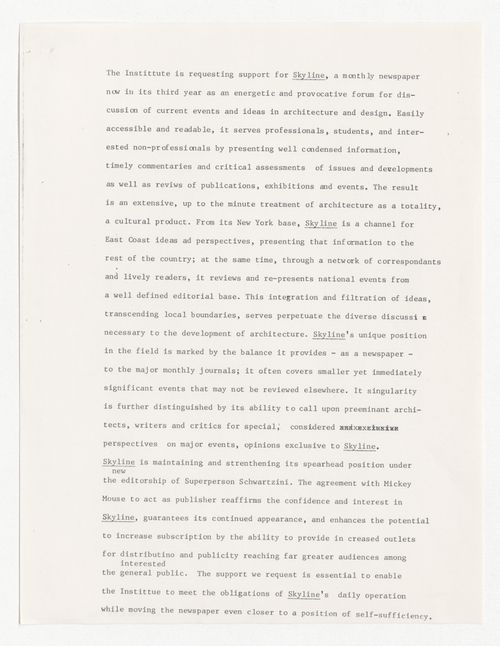 Draft proposal to the National Endowment for the Arts (NEA) for financial support of Skyline sent to Kenneth Frampton and Peter D. Eisenman