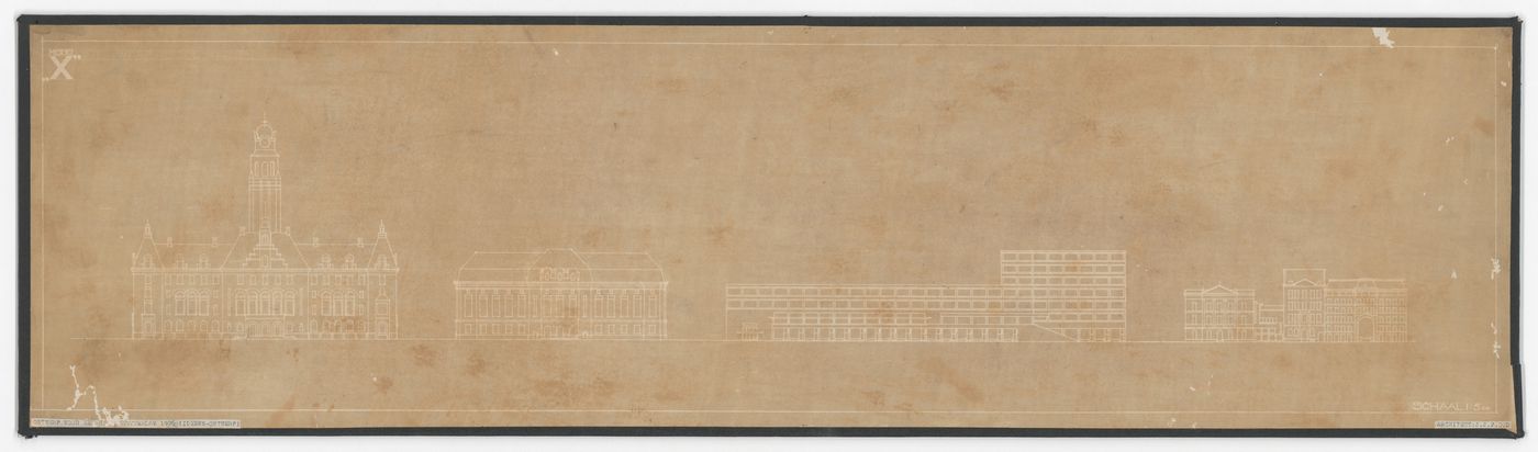 Street elevation for the principal façade for the New Stock Exchange Building including City Hall, the Central Post Office and Café de Unie, Rotterdam, Netherlands