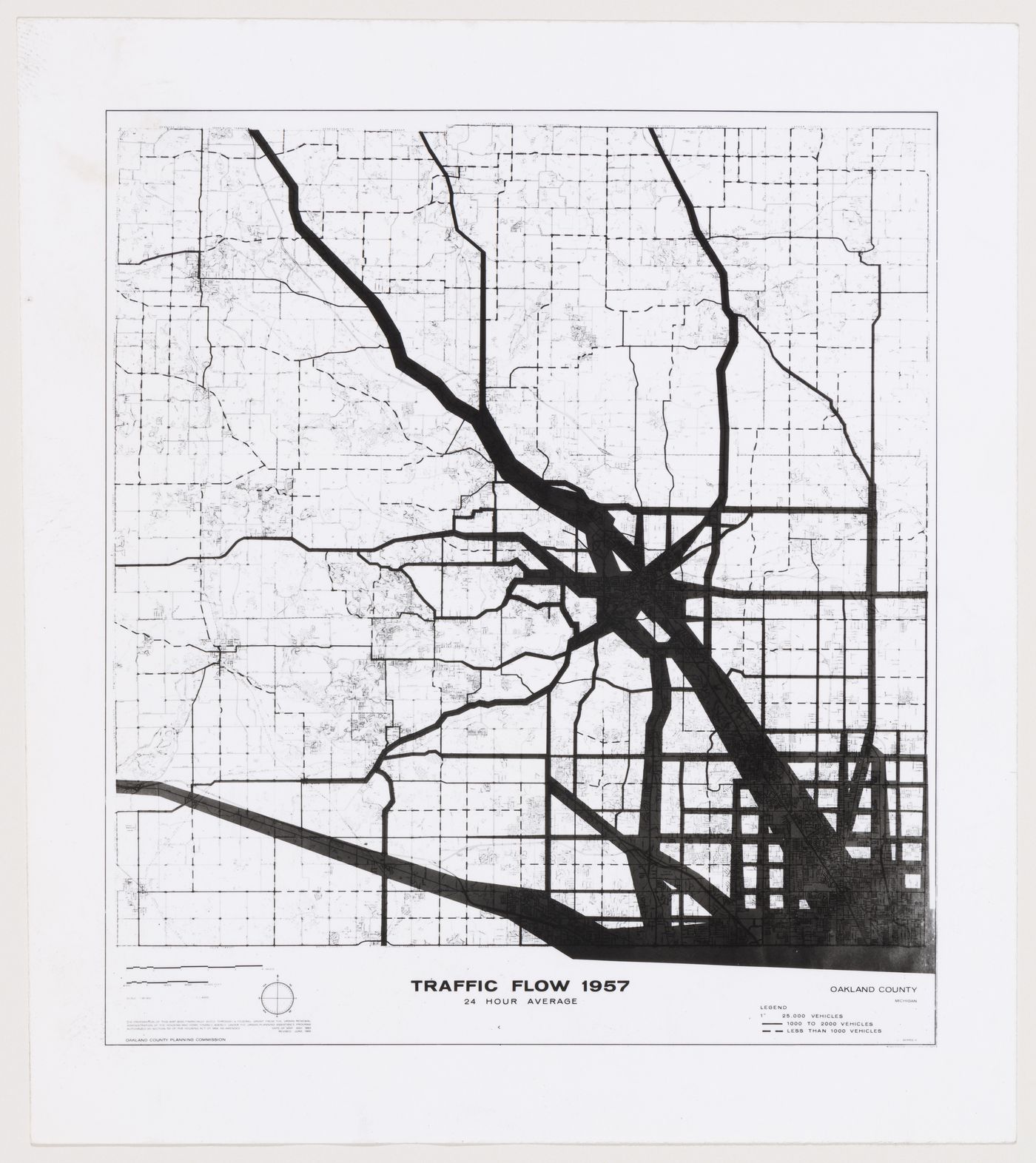 Photograph of a map showing traffic flow in 1957 for Oakland County, Michigan--from the project file "Detroit Think Grid"