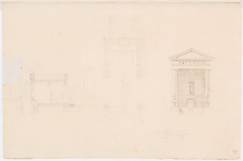 Section, plan and front elevation for a garden temple with a fountain, Domaine de La Vallée