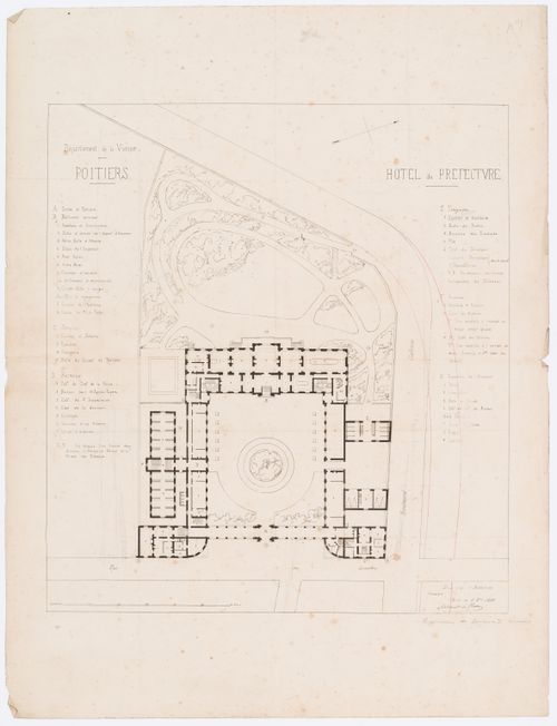 Project for a Hôtel de préfecture, Poitiers: Site plan with a key to the layout of rooms