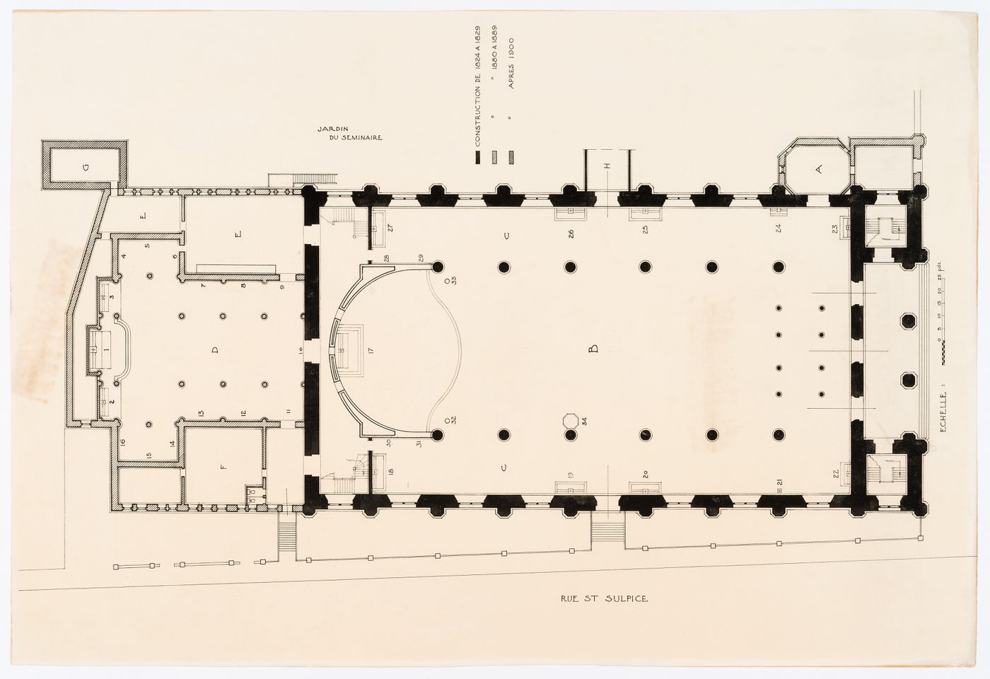Plan du rez-de-chaussée de l'église Notre-Dame de Montréal indiquant la construction initiale et les ajouts

