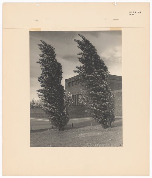 View of trees and a brick building in the New Jewish Cemetery [Neuer Jüdischer Friedhof], Frankfurt am Main, Germany