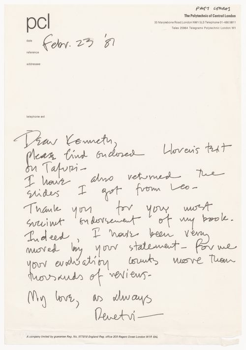 Letter from Demetri Porphyrios to Kenneth Frampton