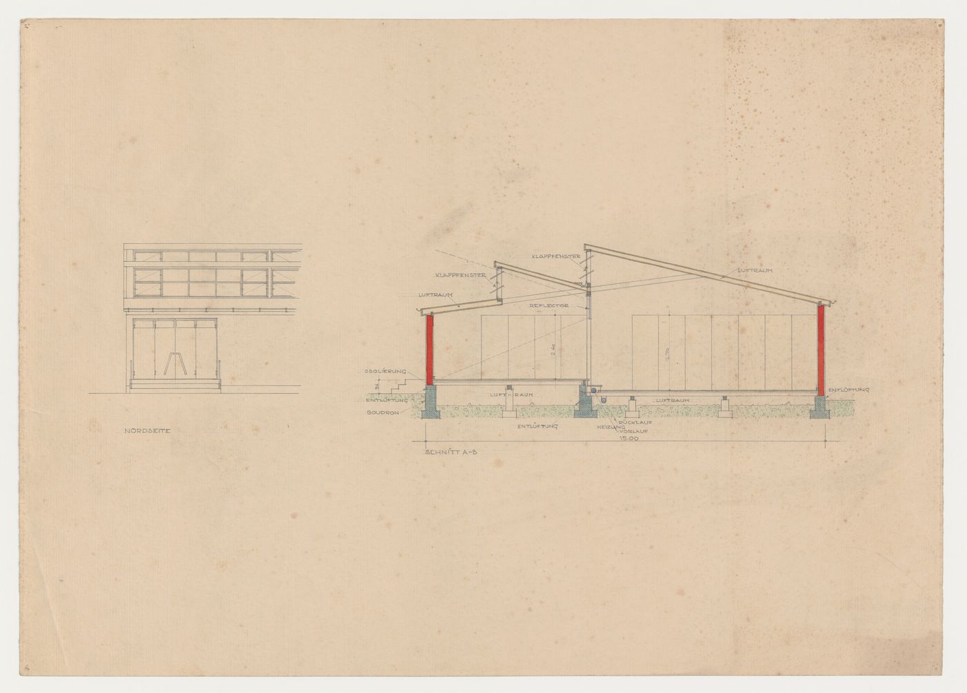 Partial north elevation and section for an exhibition hall, Frankfurt am Main, Germany