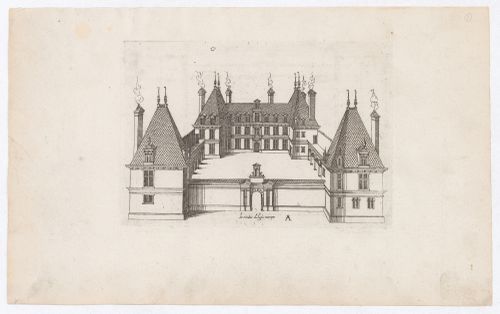 Bird's-eye perspective for château A with a forecourt bordered by two galleries and rectangular corner towers with pitched roofs