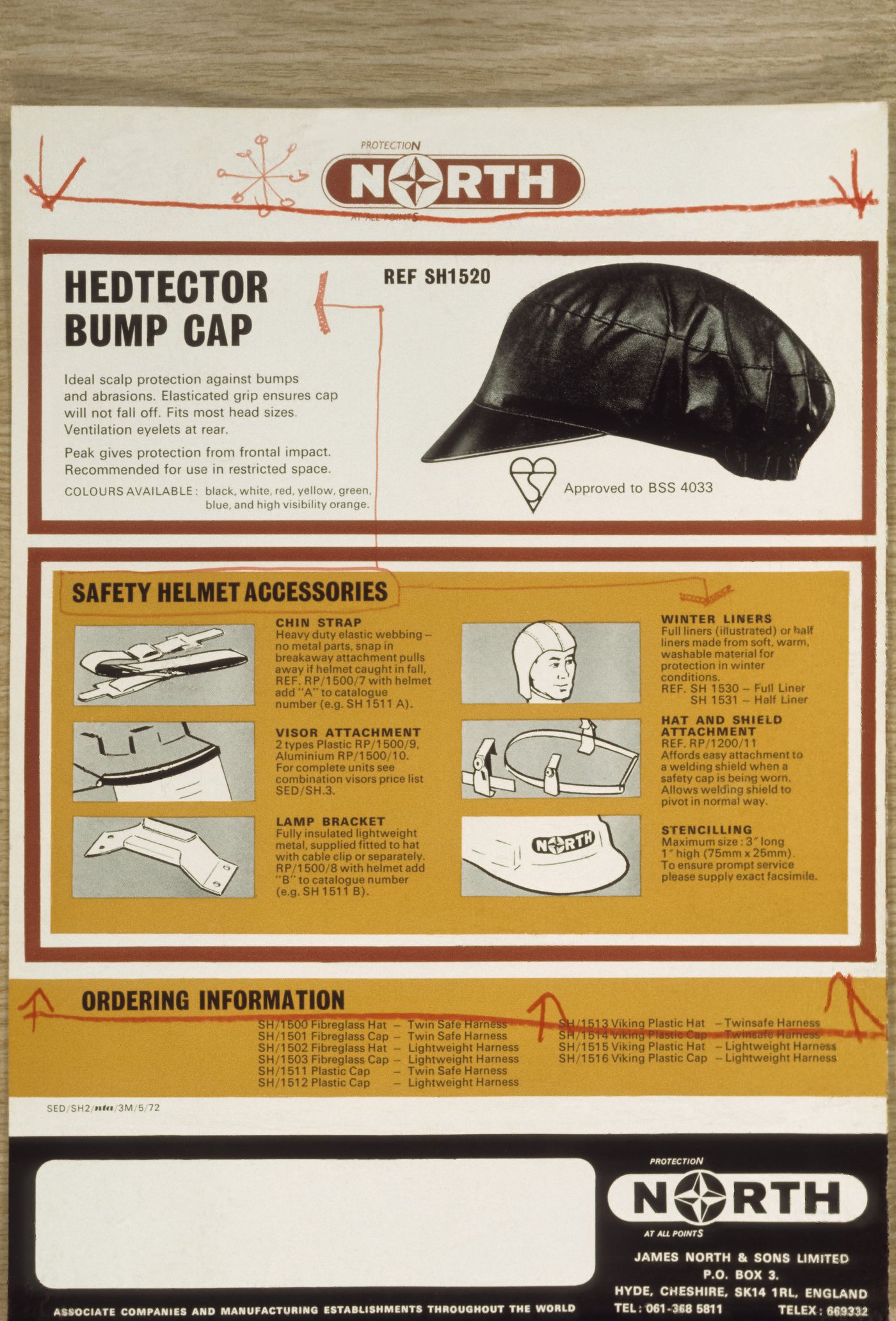 View of an advertisement for the "Headtector Bump Cap" and safety helmet accessories