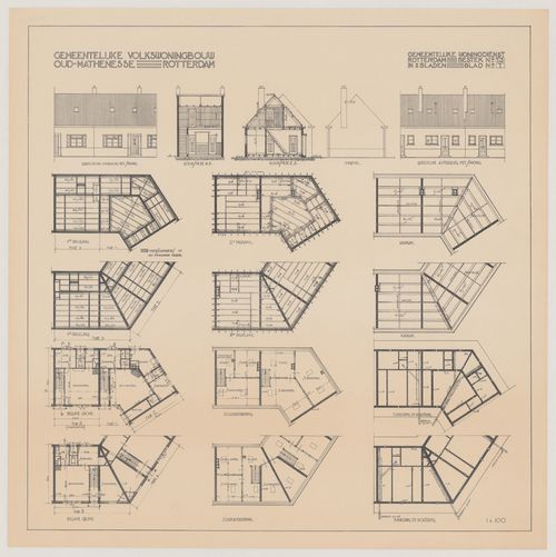 Foundation, floor and framing plans, elevations, and sections for Oud-Mathenesse Housing Estate, Rotterdam, Netherlands