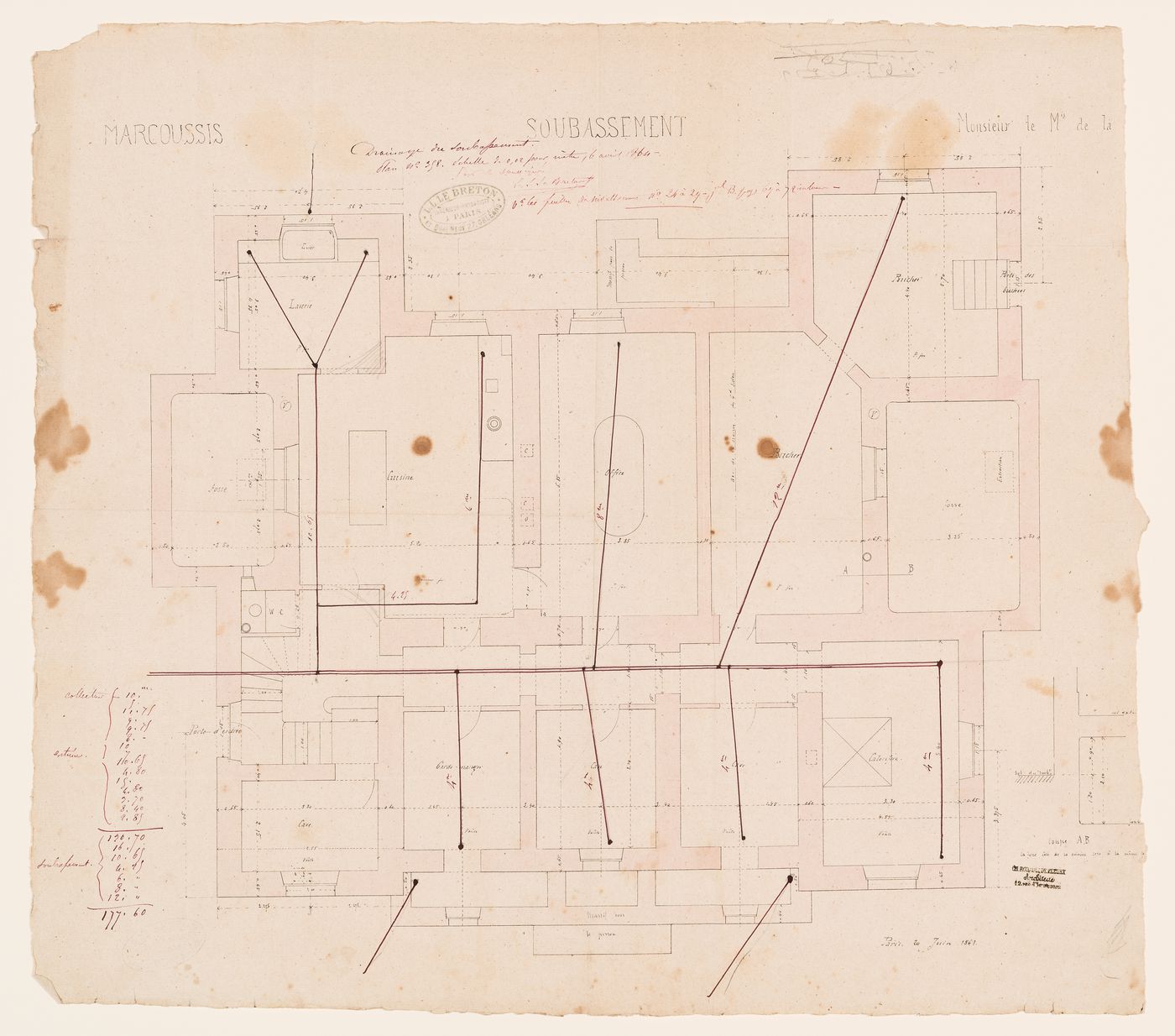 Château de Marcoussis: Plan for the soubassement showing drainage system; verso: Sketches, probably for Château de Marcoussis