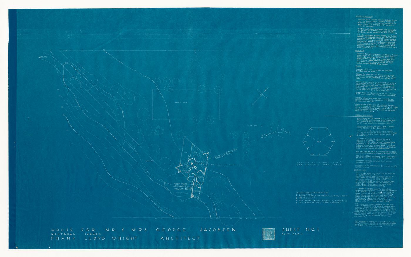 Site plan and a diagram for a hexagonal floor unit with specifications for the 1950 design for the Mr. & Mrs. George Jacobsen House, Hudson, Québec