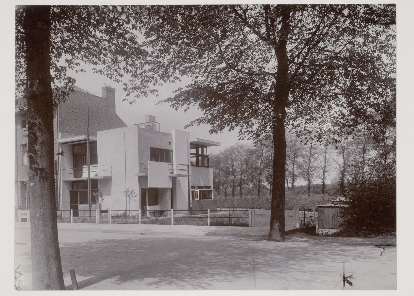 Exterior view of the southwest and southeast façades of Schröder House, Utrecht, Netherlands