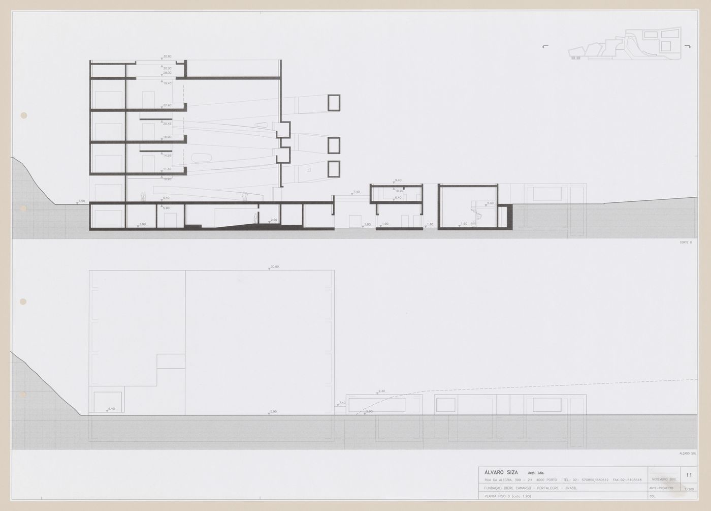 Section and elevation for C. Cultural e Audit. para a Fundação Iberê  Camargo [Iberê  Camargo Foundation Museum], Porto Alegre, Brazil