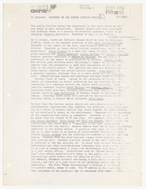 Memorandum to the Fellows about spring lecture series with attached list of potential speakers