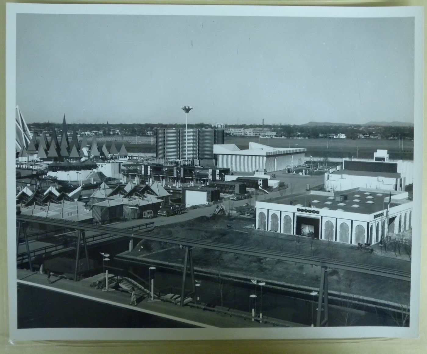 View of the Canadian Pulp and Paper, Canadian Pacific-Cominco and Arab Nations Pavilions with the minirail in foreground, Expo 67, Montréal, Québec