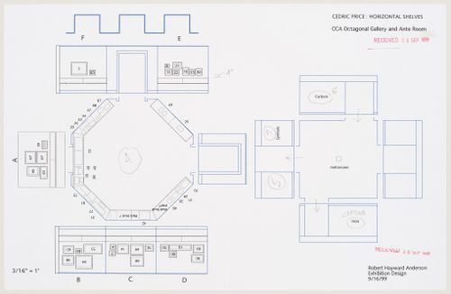 Plan for the Octagonal Gallery and Ante Room at the Canadian Centre for Architecture for the exhibition "Cedric Price: Mean Time" (document from Mean project records)