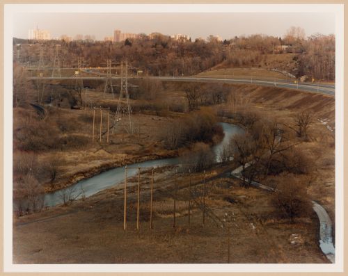 Don Valley: Hillside view of Don Valley from Mill Street Bridge showing Don River and Don Valley Parkway, Toronto, Ontario
