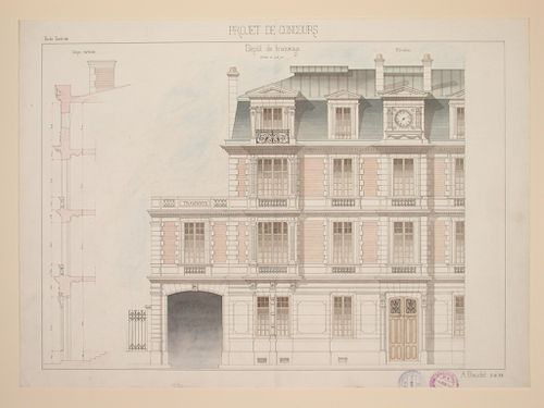 Student engineering drawing: elevation and section for a tramway depot competition project