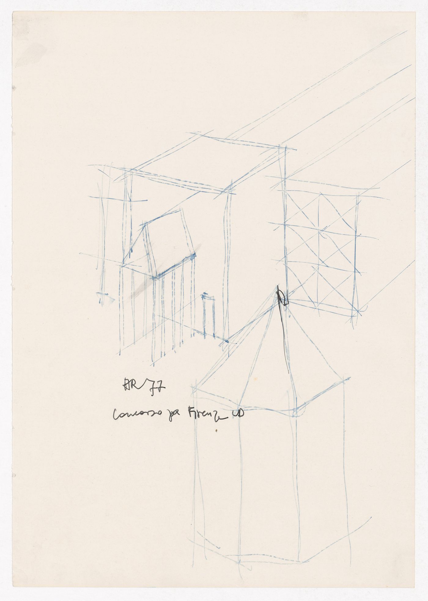 Sketch axonometric and perspective sketch for the tower [?], Centro Direzionale, Florence