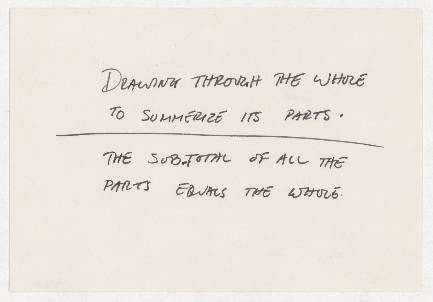 Drawing through the whole to summerize its parts. / The sub-total of all the parts equals the whole.