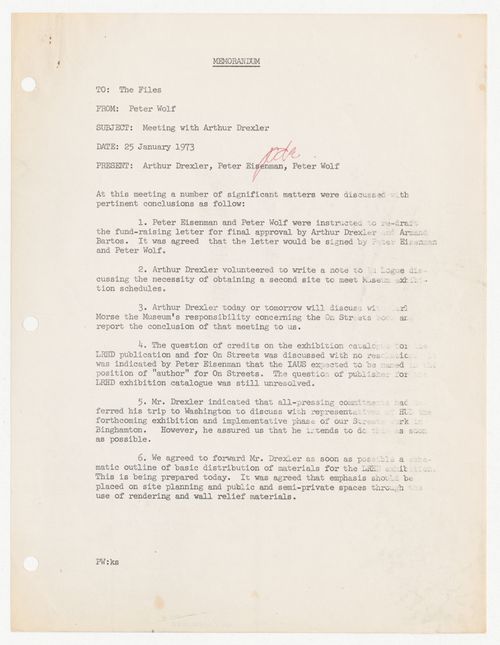 Memorandum from Peter Wolf to The Files about meeting with Arthur Drexler