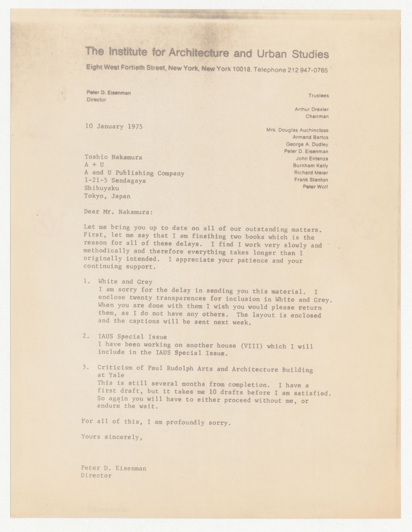 Letter from Peter D. Eisenman to Toshio Nakamura about delayed projects