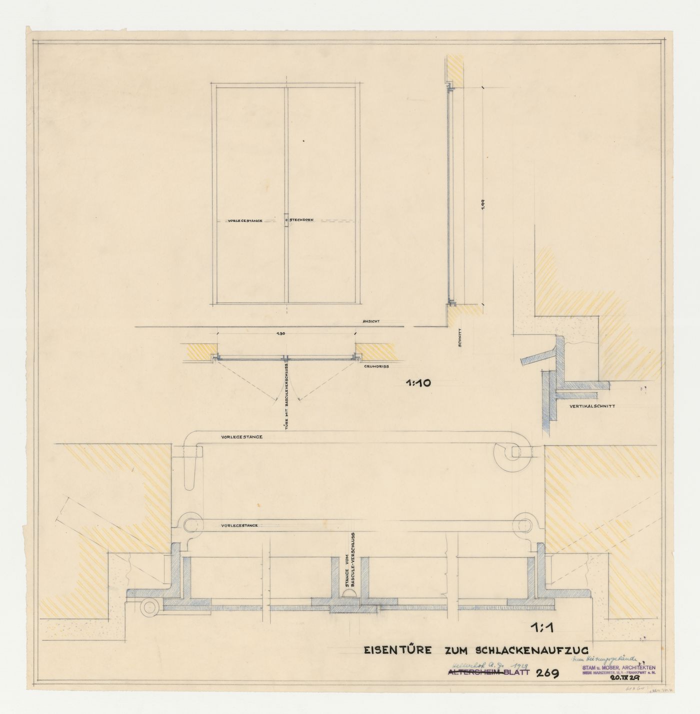 Plan, elevation, section, and sectional details for iron doors for a slag elevator for the heating systems building, Hellerhof Housing Estate, Frankfurt am Main, Germany