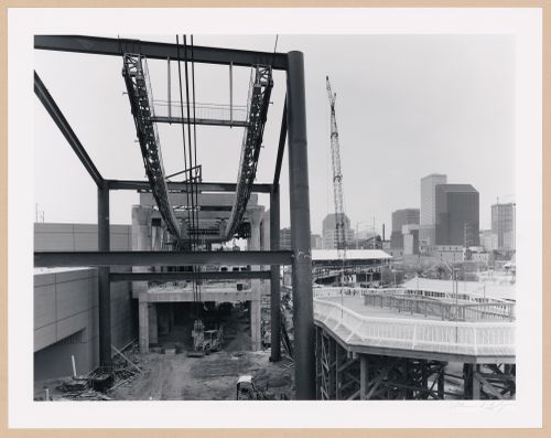 View of the Mississippi Aerial River Transit System (MART) under construction, Louisiana World Exposition, New Orleans