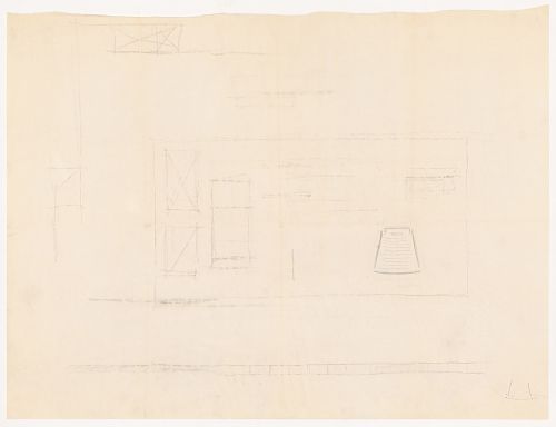 Sketch plan and sketch for the elevation for Museum for a Small City with a small sketch plan for the auditorium