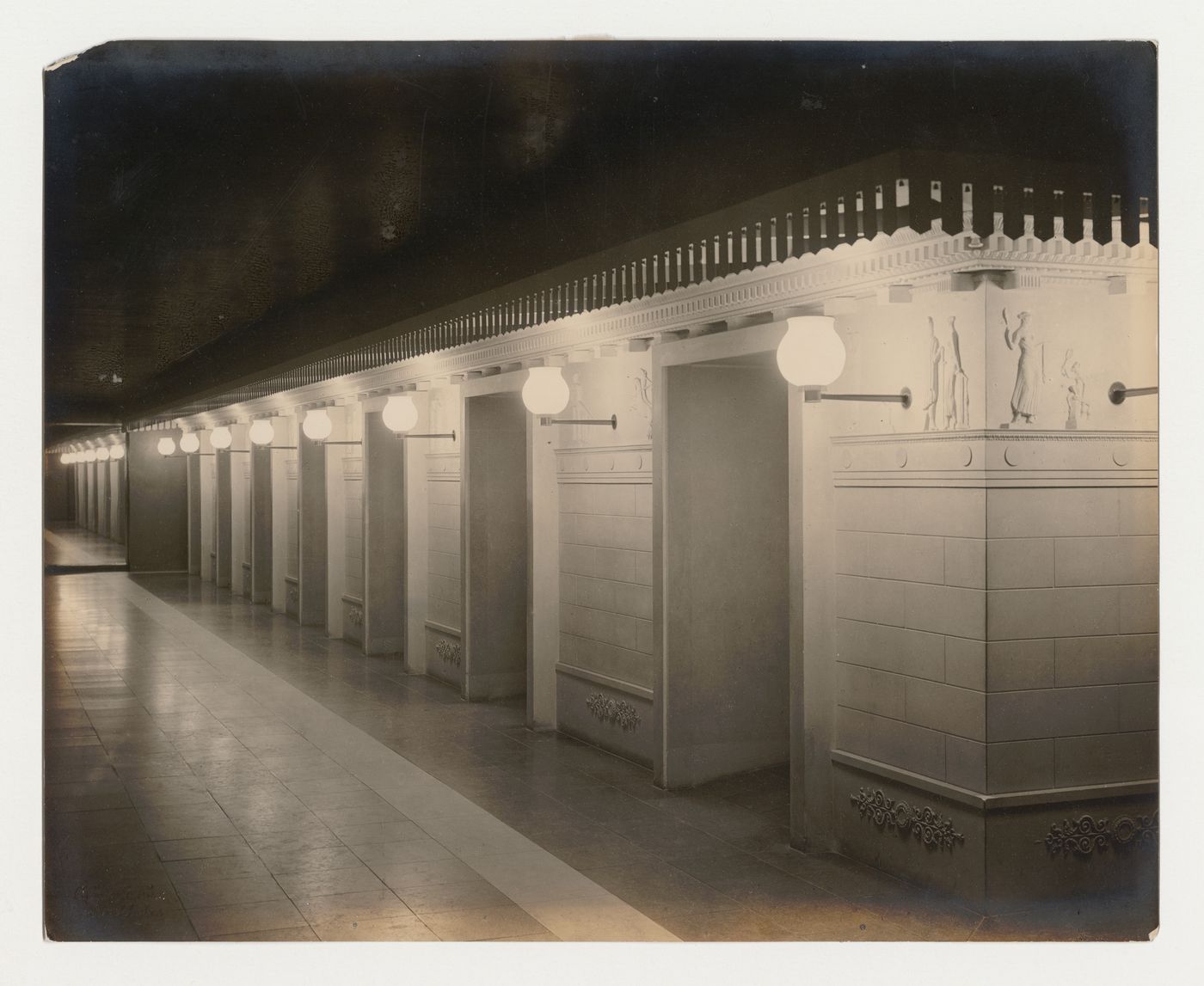 Interior view of the lower corridor of Skandia Cinema showing doorways and lighting fixtures, Stockholm