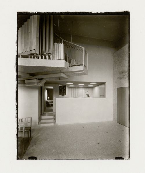 Interior view of the Chapel of Hope showing the organ room, Woodland Crematorium and Cemetery, Stockholm