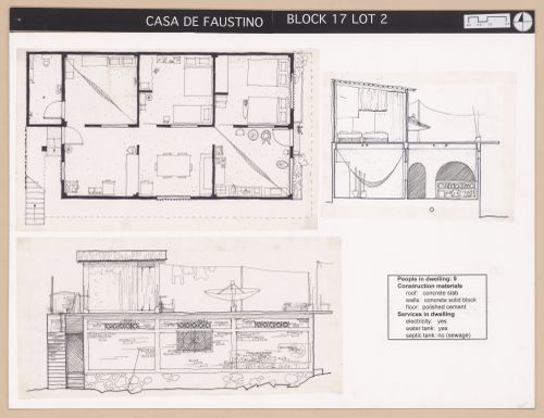 Presentation panel with floor plan, elevation, and section of Casa de Faustino for the Urban Upgrading project La Esperanza, in Zihuatanejo, Mexico