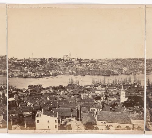Partial view of Constantinople showing the Haliç (also known as the Golden Horn), the Süleymaniye Camii, the Seraskerate (later known as the Ministry of War or Ministry of Defense; now Istanbul Üniversitesi), with the Bayezid Camii and Sehzade Camii in th