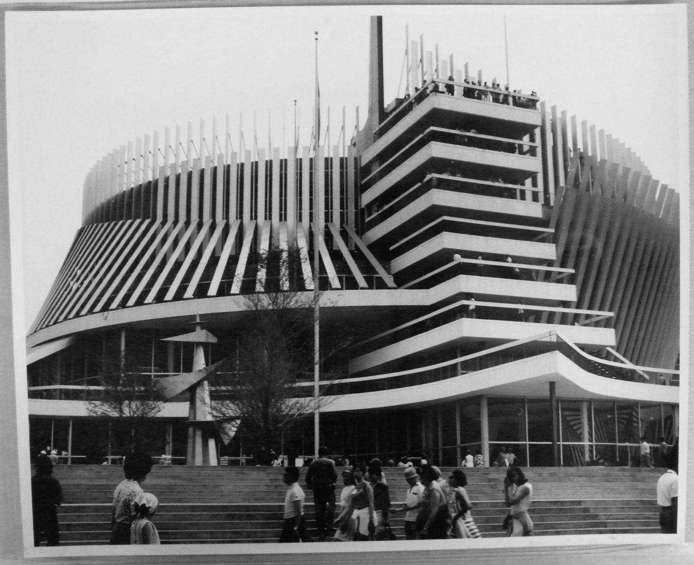 View of the Pavilion of France with the sculpture 'Obélisque oblique' by Henri-Georges Adam, Expo 67, Montréal, Québec