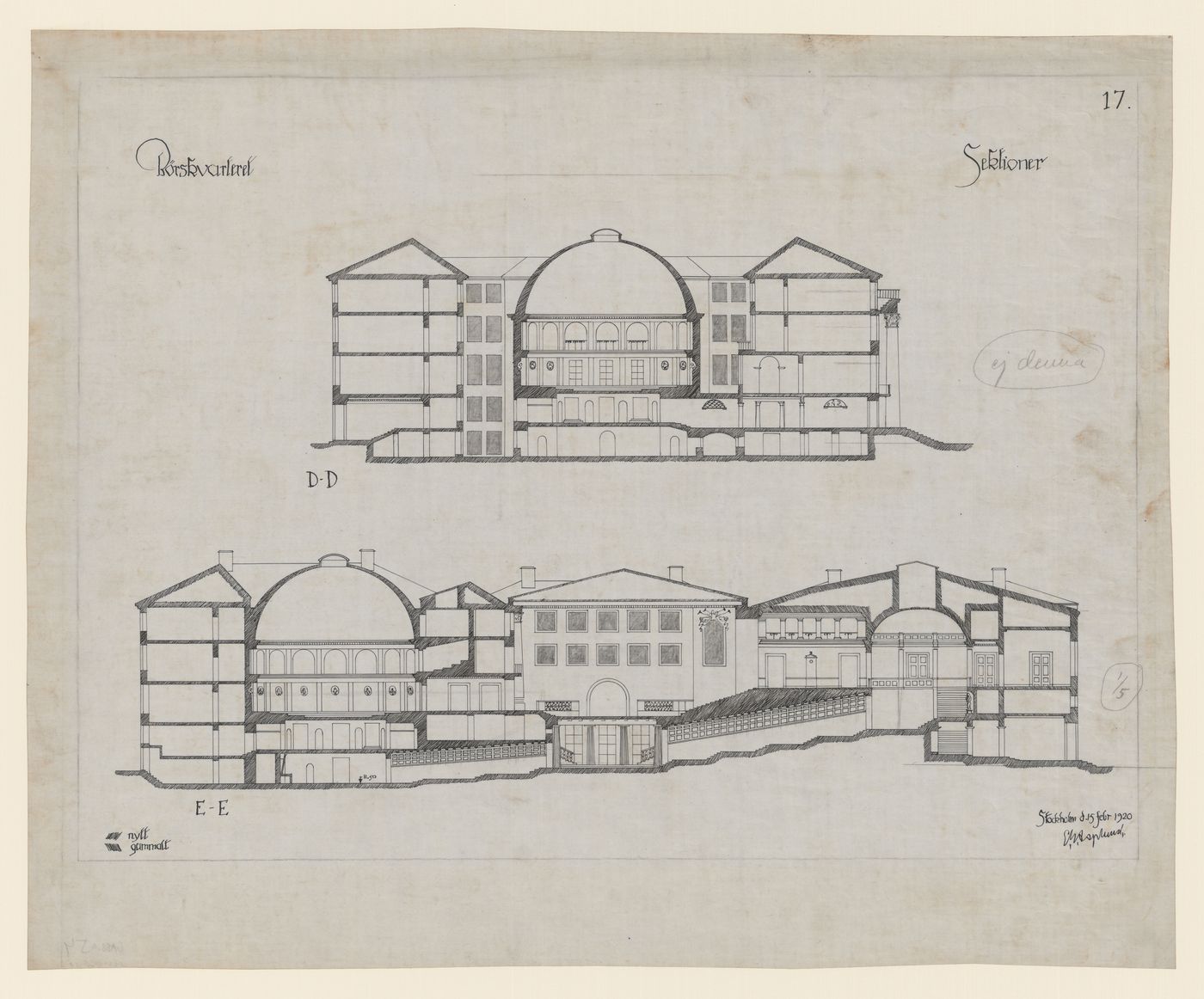 Section D-D and longitudinal section E-E for the Börskvarteret [Stock Exchange Block], Gustav Adolfs torg, Göteborg, Sweden
