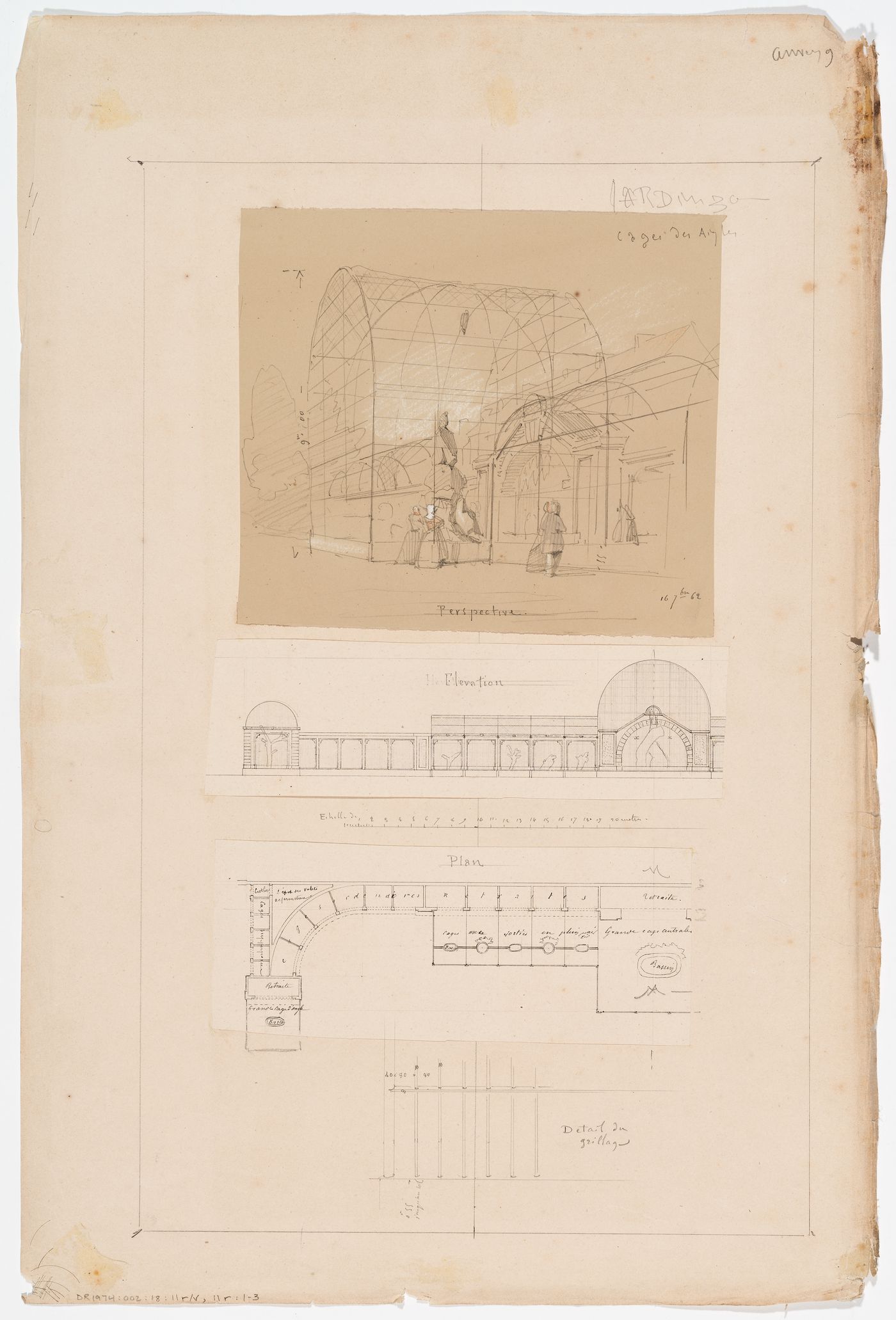 Zoological garden, Antwerp: Perspective, half elevation, half plan, and detail of the eagle aviary