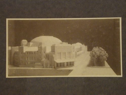 Photograph of a model for the Gemeente Museum [Public Museum] showing an entrance, The Hague, Netherlands