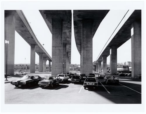 View of the Centre Gadbois parking lot underneath the Turcot Interchange of Highways 15 and 20, côte St. Paul, Montréal, Québec