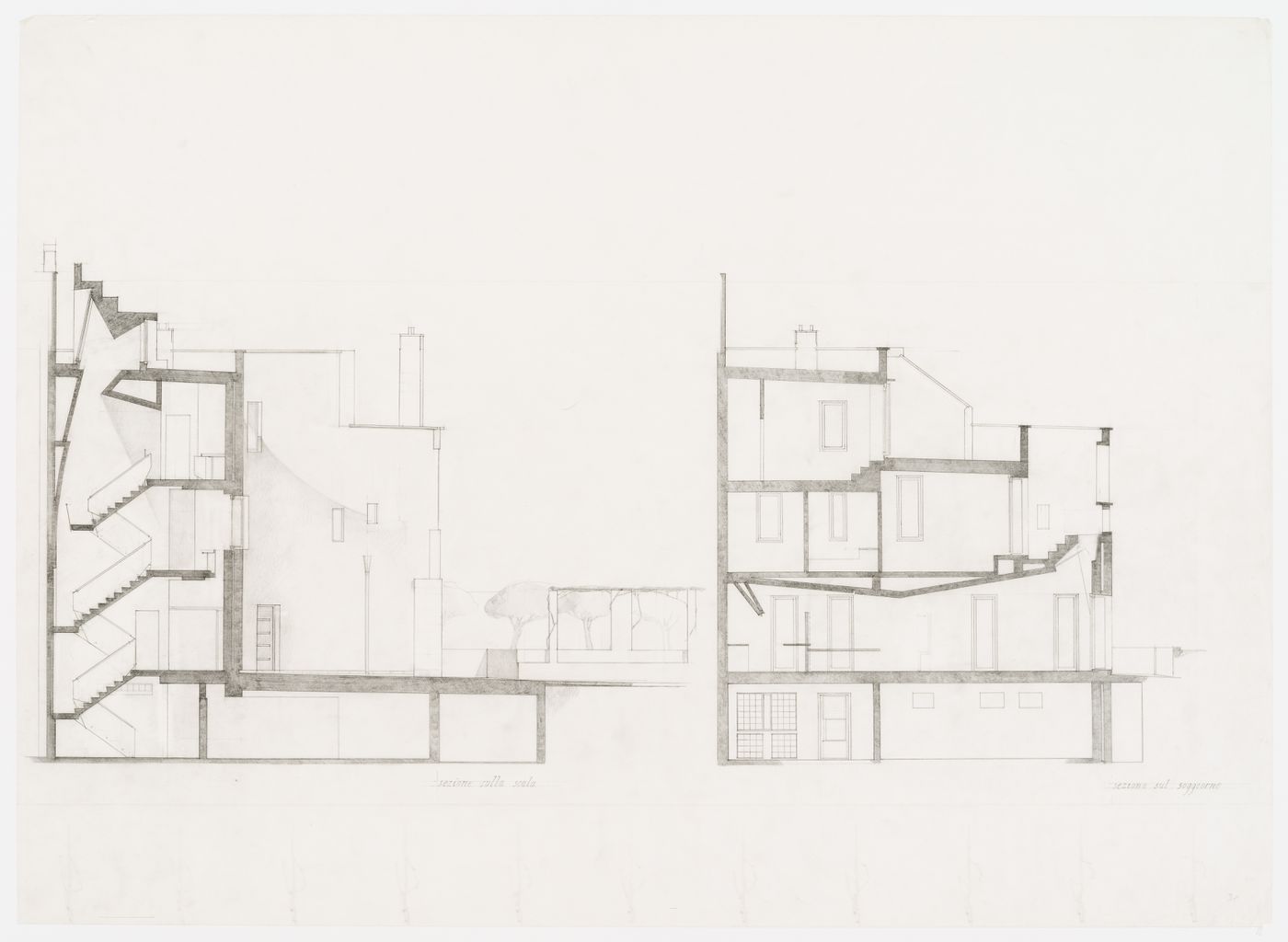 Section showing interior staircase; section showing multi-purpose room, cellar, living room, bedrooms and terraces for Casa Miggiano, Otranto, Italy