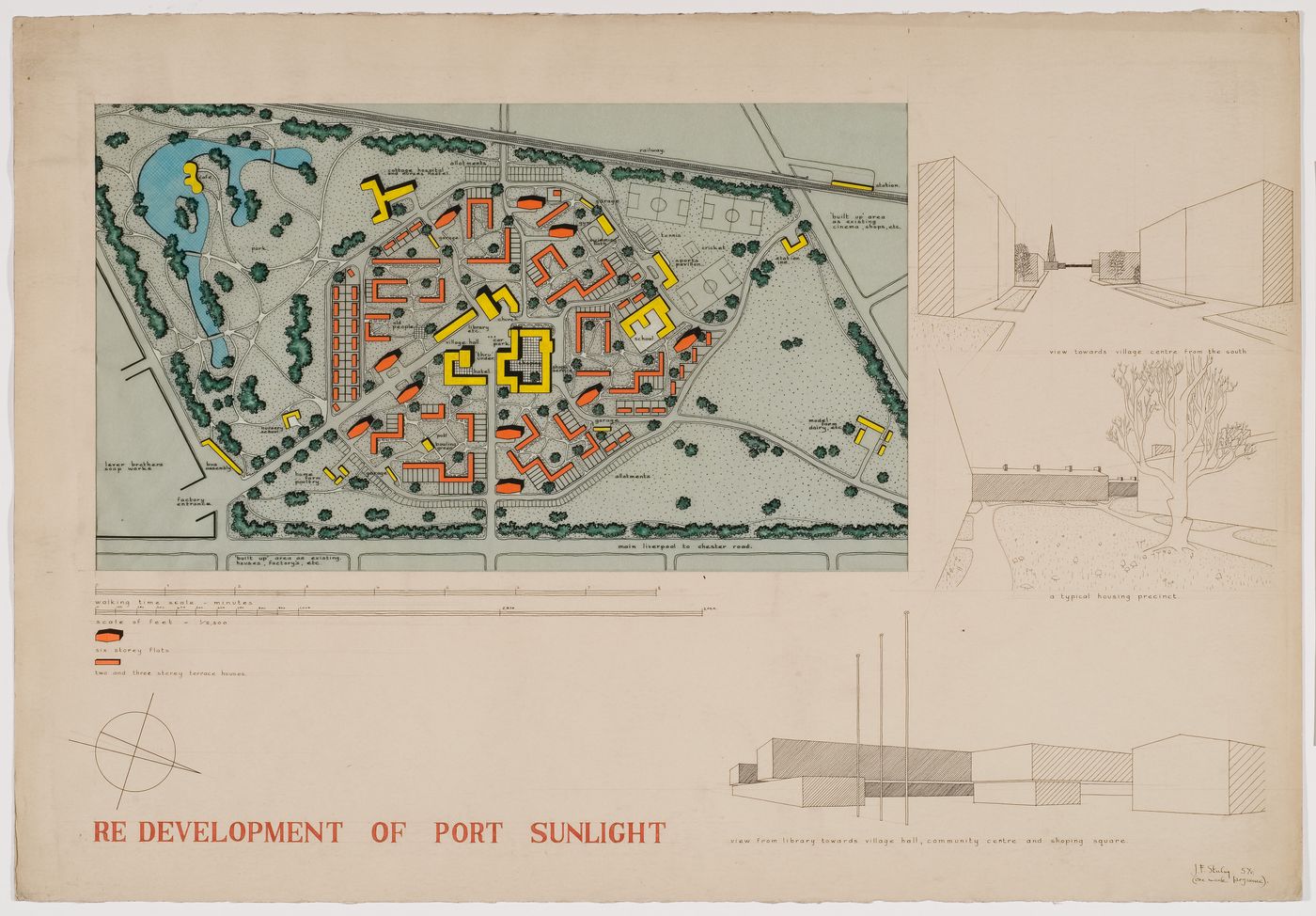 Redevelopment Plan, Port Sunlight, England: site plan and perspectives