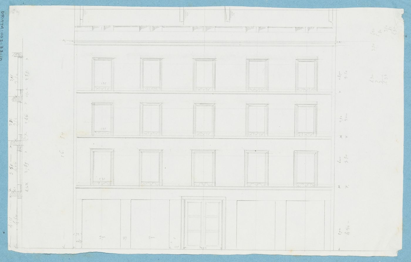 Project for a hôtel for M. Busche: Principal elevation with partial section for a four-storey hôtel