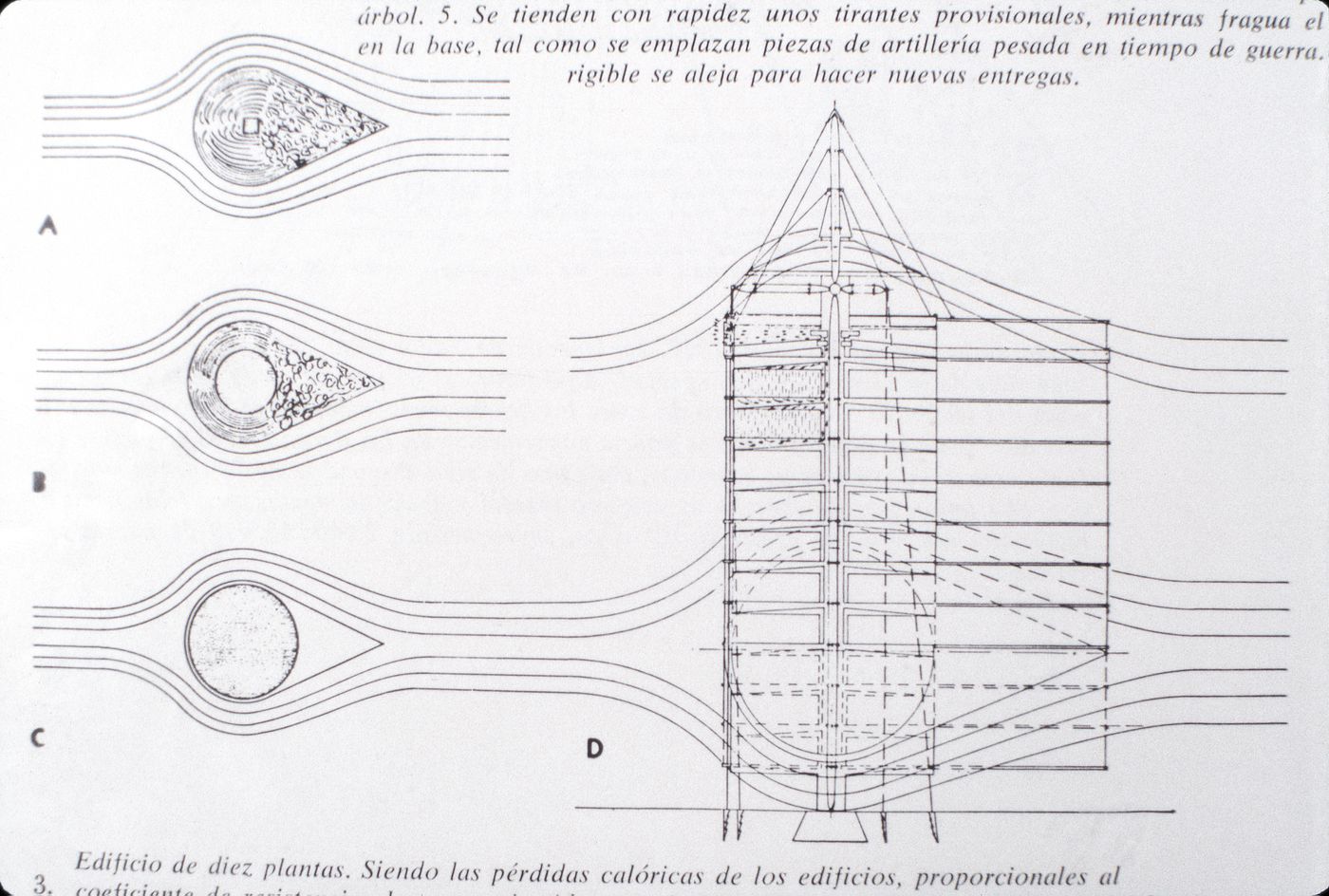 Slide with diagrammatic study of wind and resistence on a 10-floor building, by Buckminster Fuller