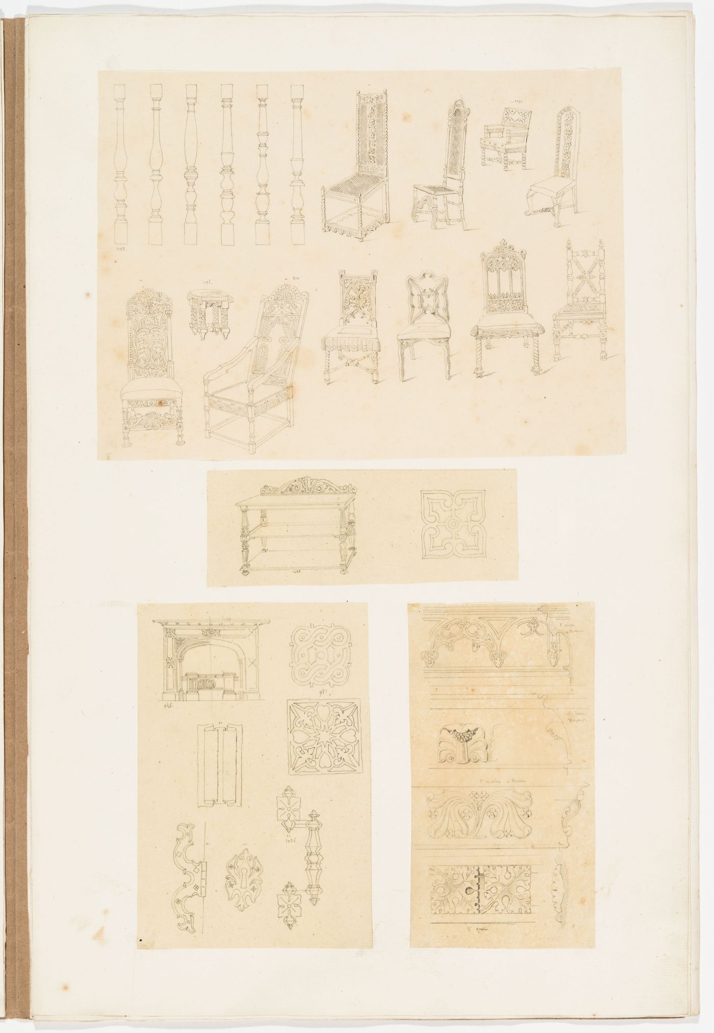 Three drawings of ornament and furniture; Drawing of Gothic moldings from Abbaye Saint-Ouen, Rouen, Saint-Nicholas, Caen, and the Cathédrale de Bayeux copied from drawings by Pugin in 'The Architectural Antiquites of Normandy'