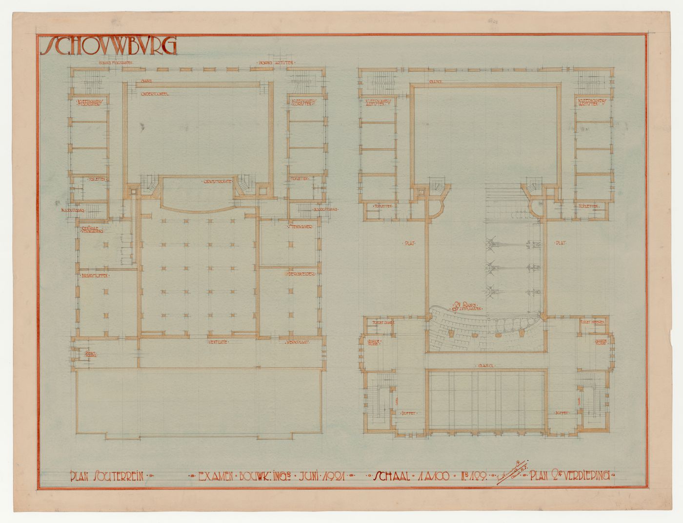Student presentation drawing showing basement and second floor plans for a theatre, Technische Hogeschool Delft, Netherlands