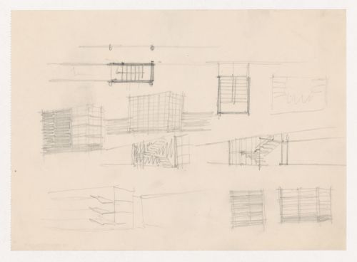 Sketch plans, perspective sketches and sketch elevation for stairwells for Illinois Institute of Technology