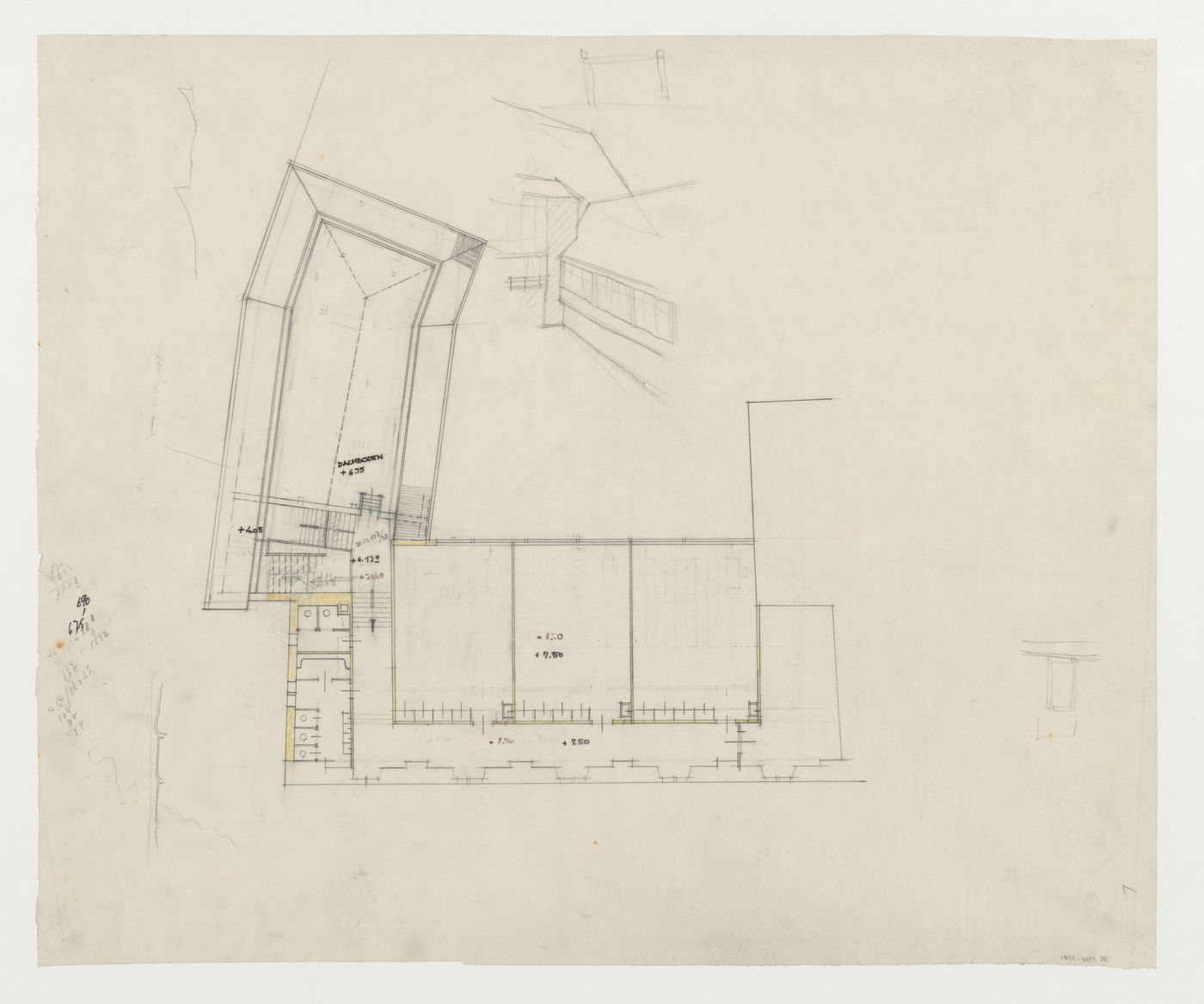 Plan and partial sketch perspective for an addition to an existing building, possibly a school, Limburg an der Lahn, Germany