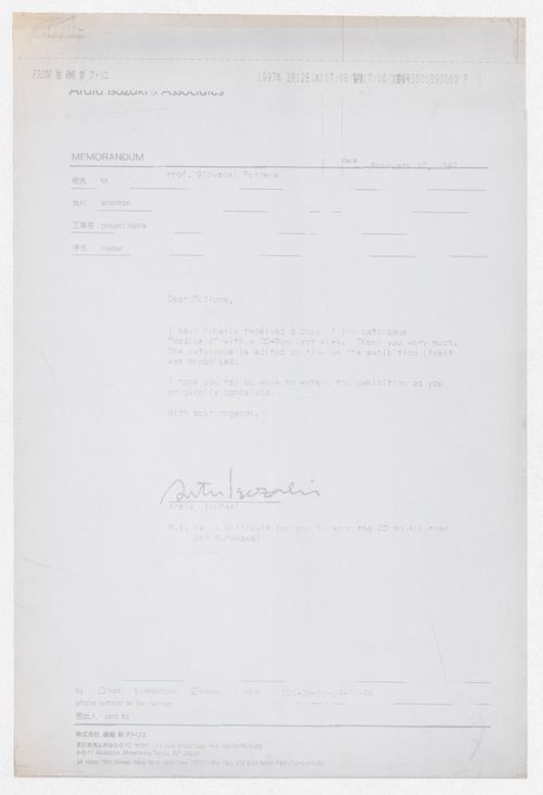 Correspondence from Arata Isozaki regarding Radicals. Architecttura e Design 1960-1975 exhibition materials