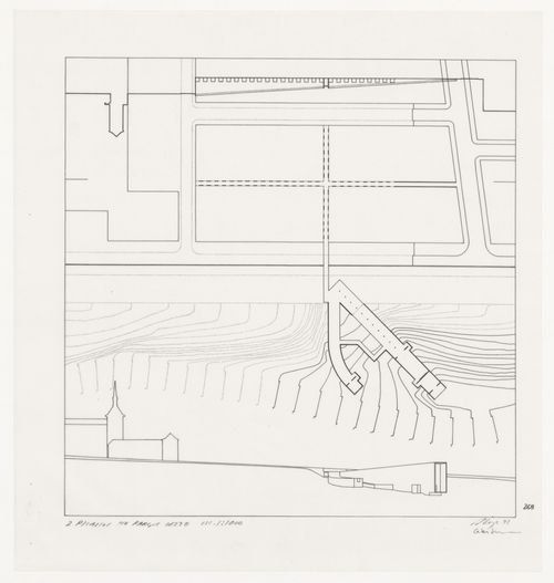 Site plan and elevation for Exposição Visiones para Madrid [Visions for Madrid exhibition], Madrid, Spain